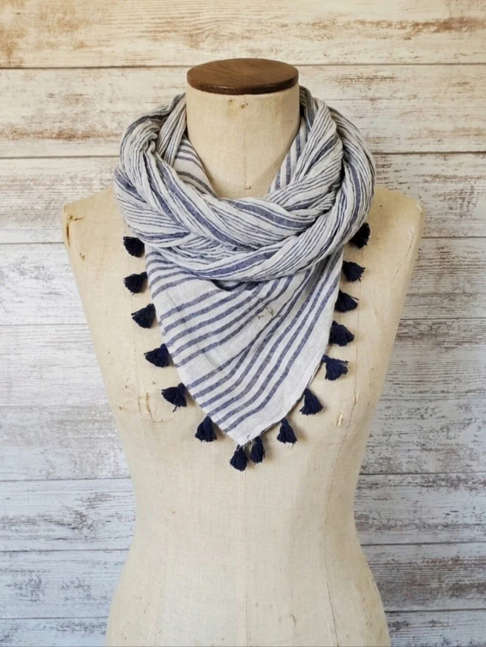 Scarf Set Blue White Stripe Cotton Long Rectangle & Flouncy Tassel Scarf